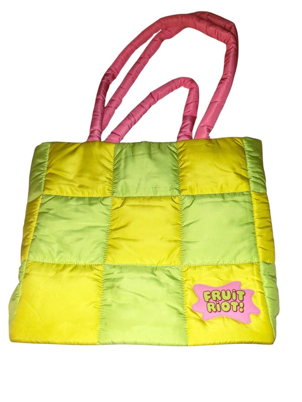 Puffy Yellow-Green Patchwork Tote with Pink Handles